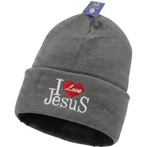 "I Love Jesus" Winter Fleece-Lined Warm Hat, Gray